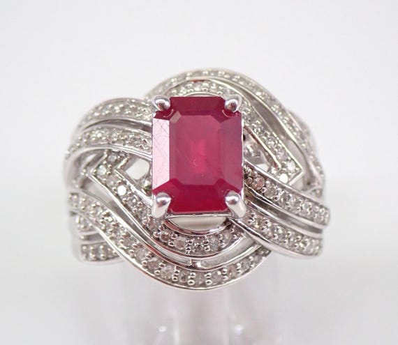 White Gold Ruby and Diamond Ring - Unique Cluster Bridal Band - July Birthstone Fine Jewelry Gift
