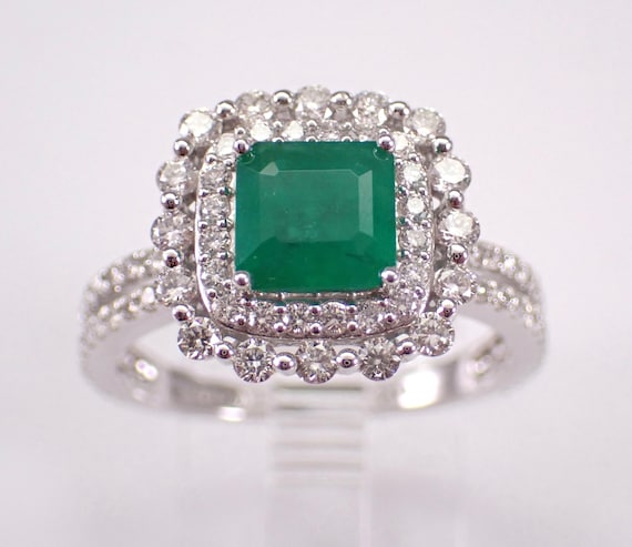 14K White Gold Emerald Engagement Ring, Square Diamond Halo Bridal Setting, May Gemstone Birthstone Jewelry Gift