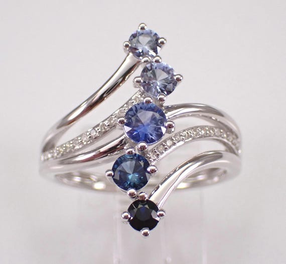 Sapphire and Diamond Multi Row Ring - White Gold Wedding Anniversary Band - Unique Gradient Gemstone Jewelry Gift