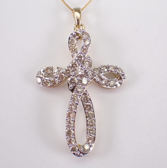 Large Diamond Cross Pendant and Chain - Yellow Gold Big Charm Slide Necklace - Unique Religious Fine Jewelry Gift