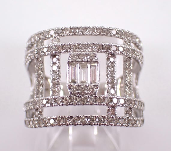 14K White Gold Multi Row Diamond Bridge Band, Rectangular Cluster Halo Fashion Ring, Unique Anniversary Cigar Jewelry Gift