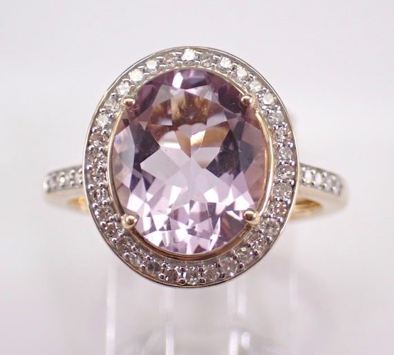 14K Yellow Gold Diamond and Amethyst Ring: Rose de France Gemstone Engagement Promise Band