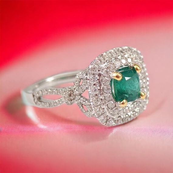 Genuine Cushion Cut Emerald Ring - Solid 18K White Gold Bridal Jewelry- Natural Diamond Halo Setting