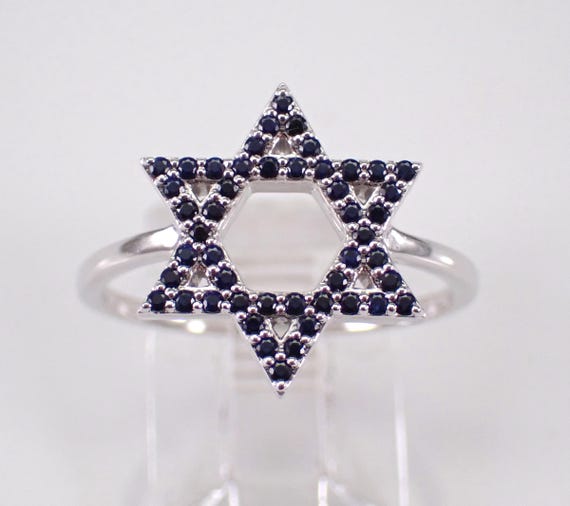 White Gold Sapphire Star of David Ring - Unique Gemstone Magen Gift - Jewish Religious Hanukkah Gift
