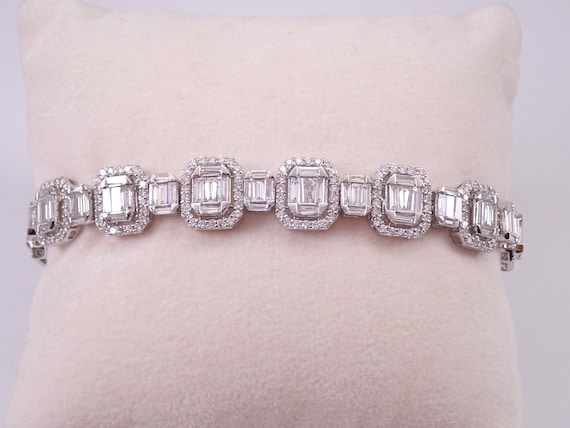 Baguette Diamond Bracelet, 14K White Gold Diamond Statement Bracelet, Emerald Cut Cluster Tennis Bracelet, Big Anniversary Gift