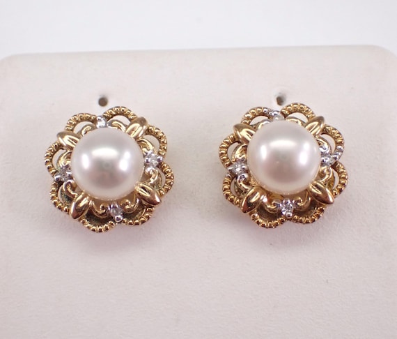 Pearl and Diamond Stud Earrings - Solid Yellow Gold Halo Studs - June Birthstone Flower Design