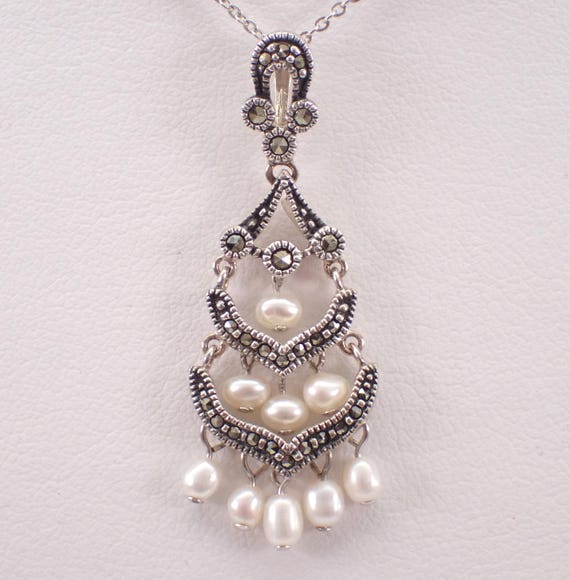 Vintage Sterling Silver Dangle Charm Necklace: Teardrop Cluster Pearl and Marcasite Choker Pendant and Chain