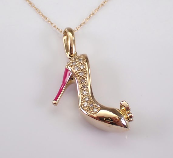 14K Yellow Gold Diamond Shoe Charm Necklace - Pink Enamel High Heels Pendant and Chain - Unique Sandals Footwear Jewelry Gift