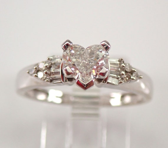 14K White Gold Diamond Engagement Ring - Heart Shape and Baguette Setting - Unique GalaxyGems Bridal Jewelry Gift