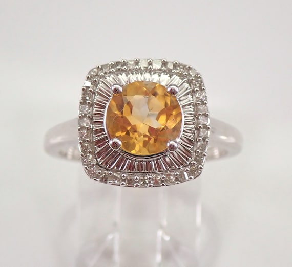 Dainty Golden Citrine Promise Ring - 14K White Gold Diamond Halo Setting - Gemstone Fine Jewelry Gift