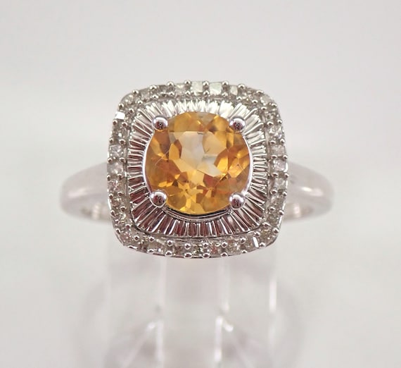 14K White Gold Citrine Promise Ring - Diamond Halo Engagement Setting - Gemstone Fine Jewelry Gift