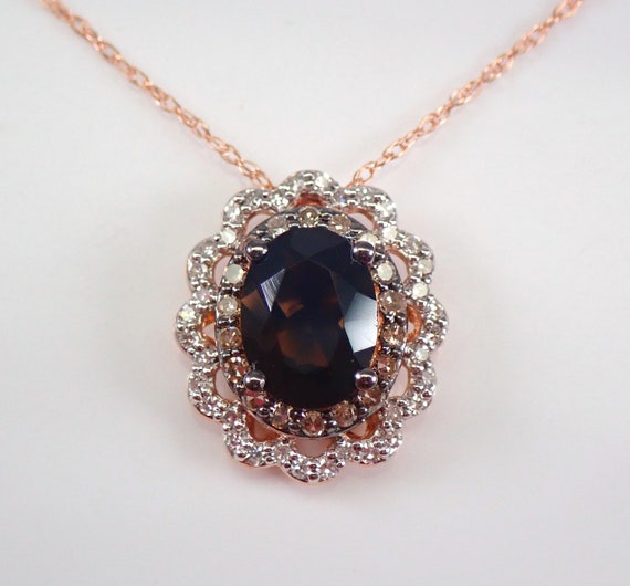 Genuine Smokey Topaz Necklace - Unique Solid 14K Rose Gold Pendant - Fancy Brown Diamond Halo Setting - GalaxyGems Jewelry Choker