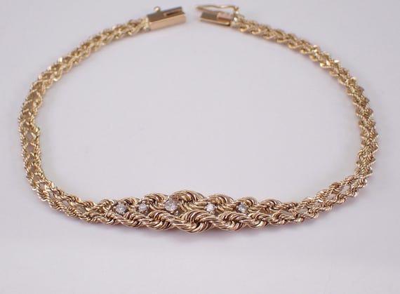 Vintage 14K Yellow Gold Diamond Bracelet - Unique Rope Chain Strand Layering Link - Dainty Everyday Estate Jewelry Gift