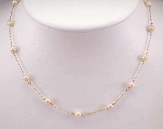 Estate Vintage 14K Yellow Gold Pearl Tin Cup Necklace Choker Chain 16"