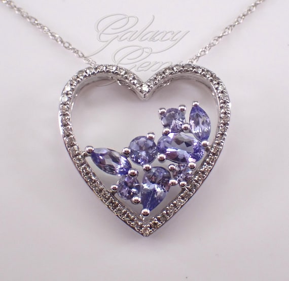 White Gold Tanzanite and Diamond Heart Pendant: Gemstone Cluster Charm Necklace and Chain