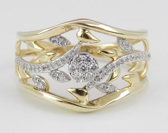 Yellow Gold Diamond Anniversary Ring: Unique Nature Inspired Wedding Band
