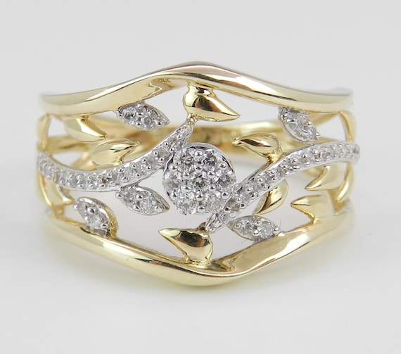 Diamond Cluster Anniversary Ring - Yellow Gold Nature Inspired Wedding Band - Flower and Leaf Open Design