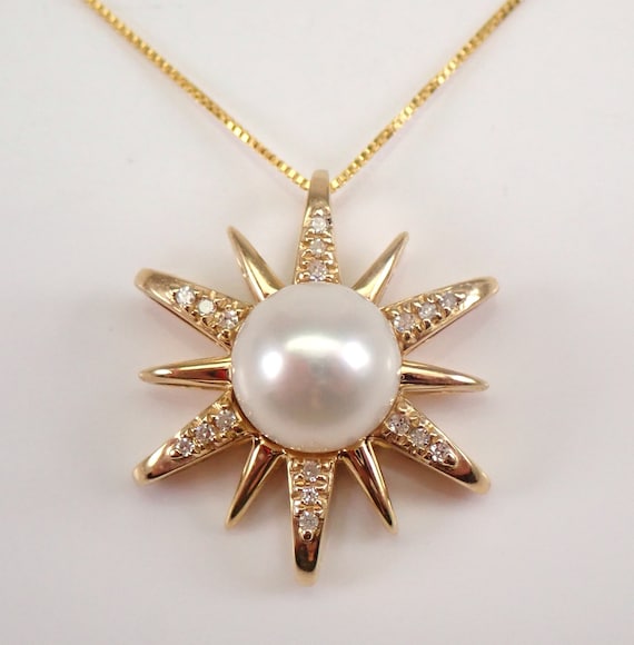 Yellow Gold Diamond and Pearl Star Pendant, Gold Sun Starburst Necklace June Birthstone