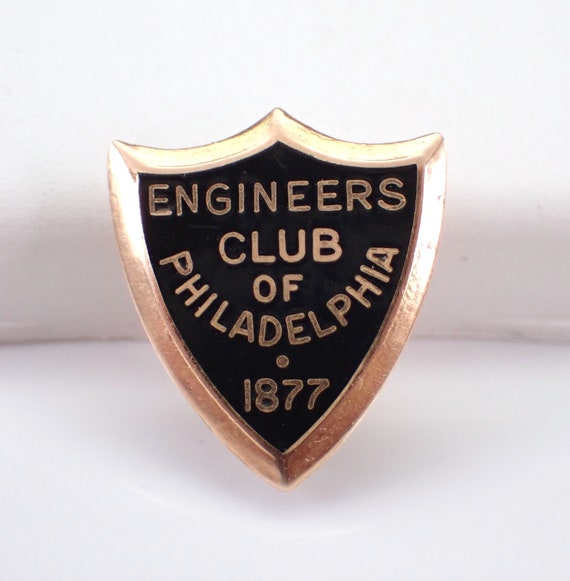 Vintage Yellow Gold Enamel Pin - Antique Engineers Club of Philadelphia lapel Brooch