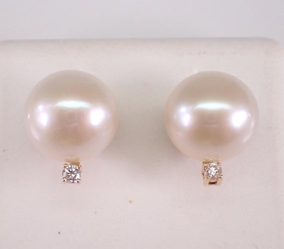 14K Yellow Gold Pearl and Diamond Earrings, Unique Simple Studs Setting
