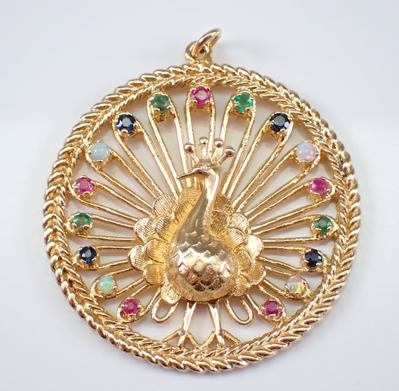 Vintage 14K Yellow Gold Peacock Charm, Large Multi Color Gemstone Pendant for Necklace, Ruby Opal Sapphire Emerald Round Disk