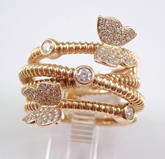14K Yellow Gold Diamond Butterfly Ring - Multi Row Crossover Wedding Anniversary Band