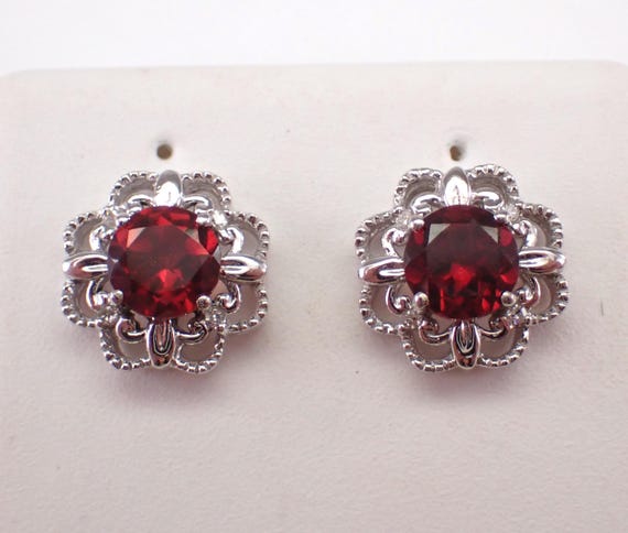 Garnet and Diamond Stud Earrings - White Gold Flower Halo Setting - January Birthstone Gemstone Gift