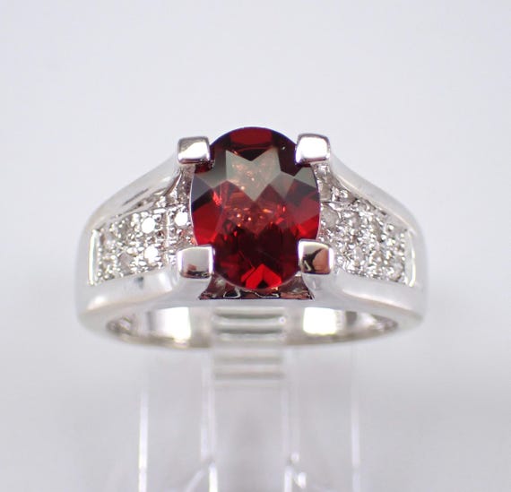 14K White Gold Garnet Engagement Ring: Chunky Diamond Setting - January Gemstone Jewelry Gift