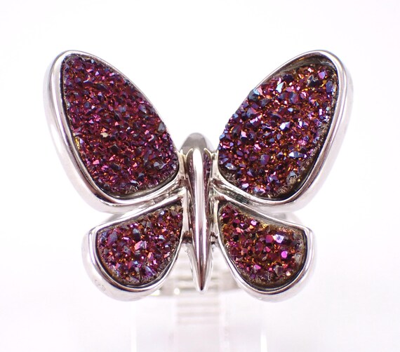 Vintage Sterling Silver Druzy Butterfly Ring - Large Gemstone Band - Estate Purple Wings Jewelry Gift