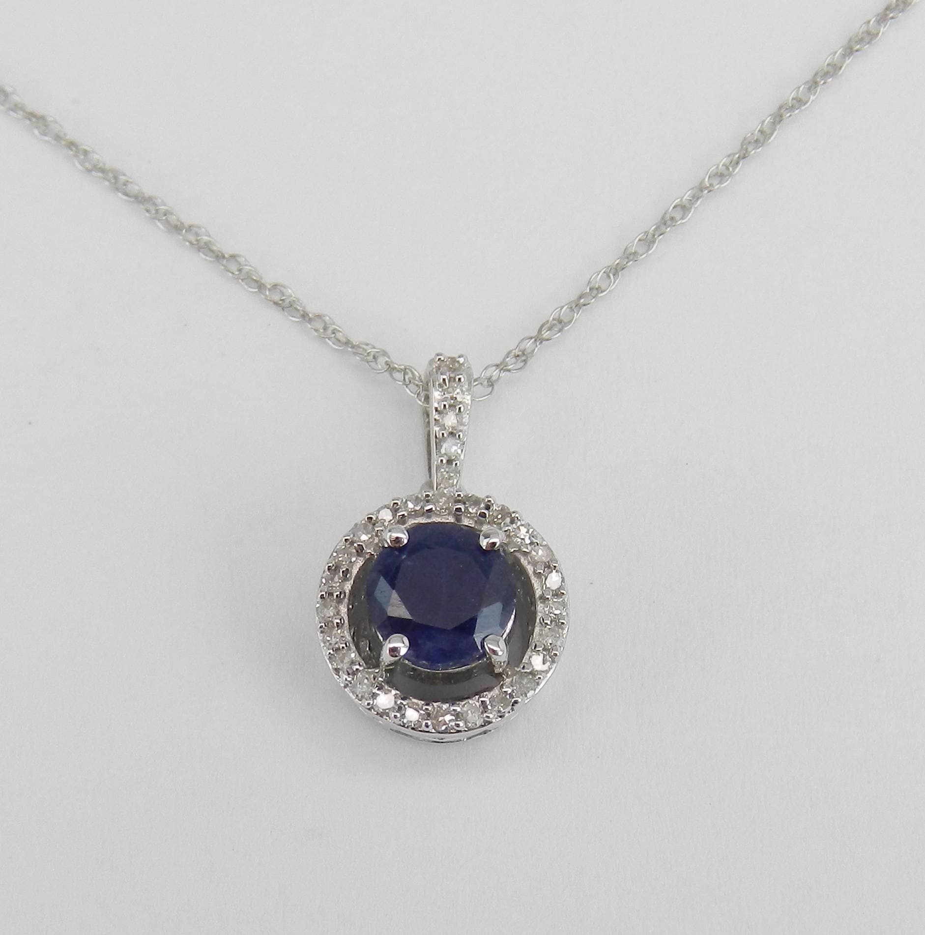 Diamond and Sapphire Halo Pendant Wedding Necklace White Gold 18 Chain
