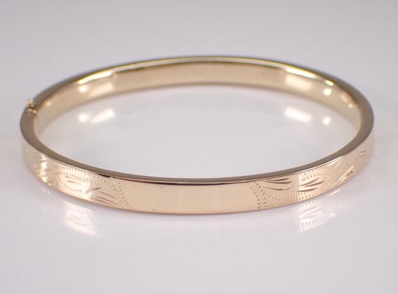 Vintage 14K Yellow Gold Baby Bangle Bracelet: Estate Engraved Textured Cuff