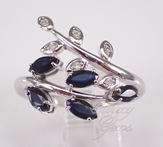 White Gold Sapphire and Diamond Bypass Wedding Ring: Stackable Gemstone Anniversary Band