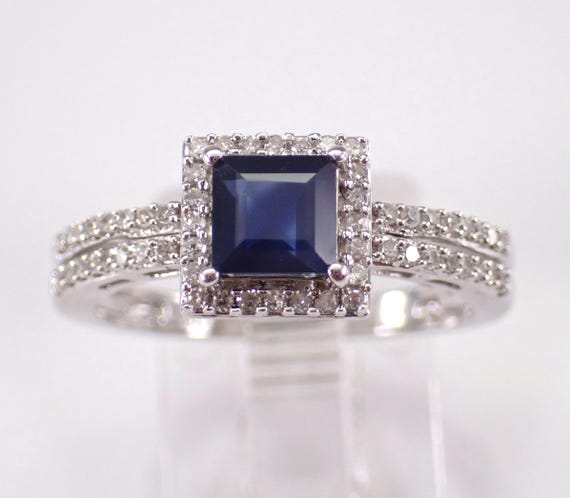 Sapphire and Diamond Engagement Ring - White Gold Square Halo Bridal Setting - Gemstone Promise Fine Jewelry Gift