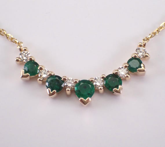14K Yellow Gold Emerald Curved Bar Necklace, Diamond Station Charm Pendant and Chain