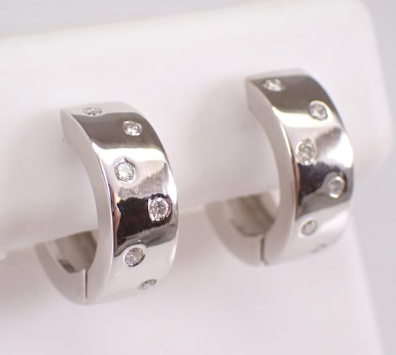 14K White Gold Diamond Hoop Earrings: Chunky Wide Huggies