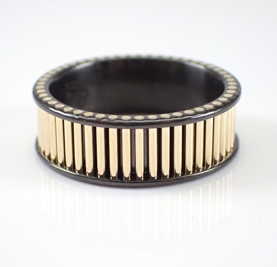 Mens Black Zirconium Wedding Ring - 14k Yellow Gold Inlay Bars Insert - 8mm Anniversary Band Jewelry Gift for Him