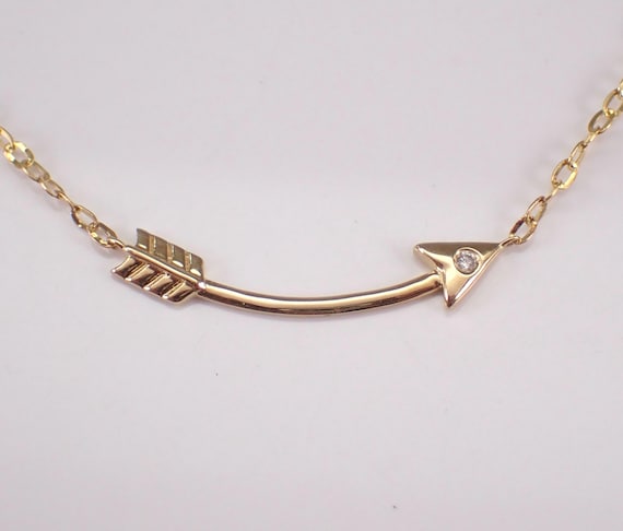 14K Yellow Gold Diamond Arrow Charm Necklace - Dainty Choker Station Pendant and Chain