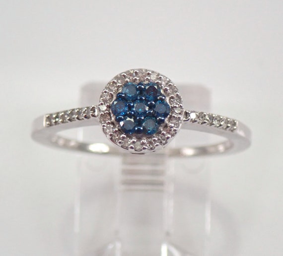 White Gold Fancy Blue Diamond Ring - Cluster Halo Engagement Setting - Dainty Bridal Fine Jewelry Gift