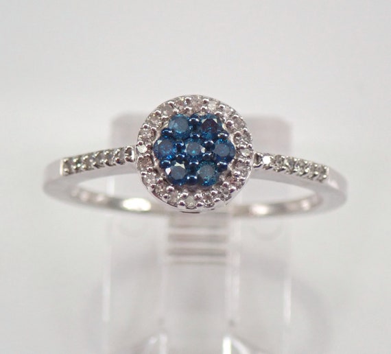 White Gold Fancy Blue Diamond Cluster Halo Engagement Ring Size 7 FREE SIZING