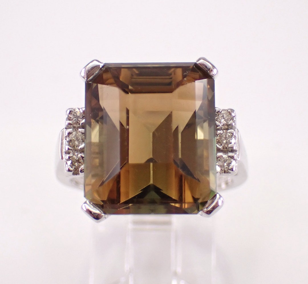 Bague Cocktail Quartz Fumé Topaze En Or Jaune 14 Carats - Taille 8 - Occasion Vintage