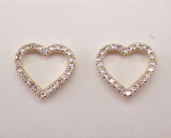 Yellow Gold Diamond Heart Earrings - Petite Open Screwback Studs - Dainty Birthday Fine Jewelry Gift