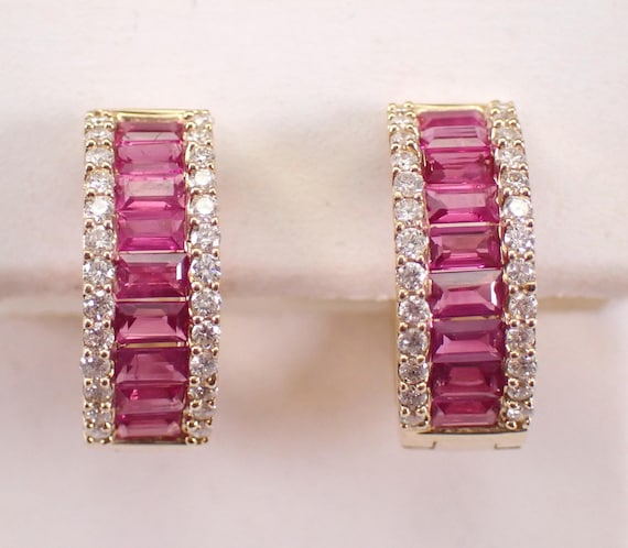14K Yellow Gold Pink Sapphire Earrings - Diamond and Gemstone Huggies Hoops - September Birthstone Fine Jewelry Gift
