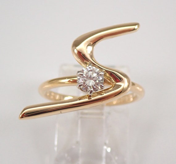 Vintage Diamond Ring - Estate Designer JABEL - Solid 18K Yellow Gold Solitaire Band - Unique Freeform Right Hand Ring