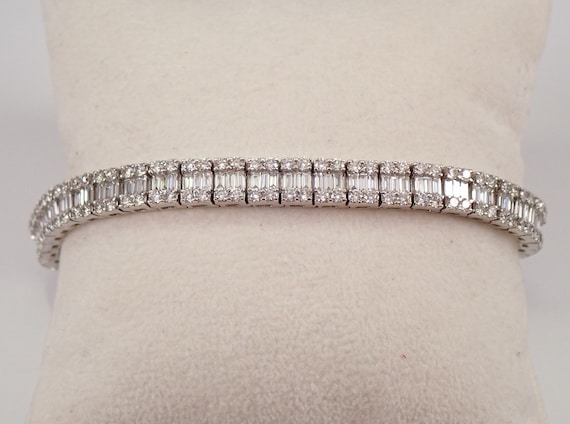 7.73ct Baguette and Round Diamond Tennis Bracelet - Solid 18KT White Gold Fine Jewelry