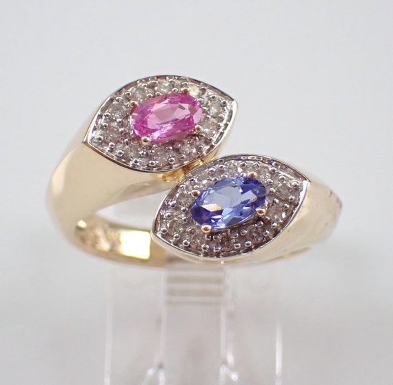 Pink Sapphire and Tanzanite Bypass Ring - 14K Yellow Gold Halo Crossover Setting - Unique Gemstone Fine Jewelry Gift