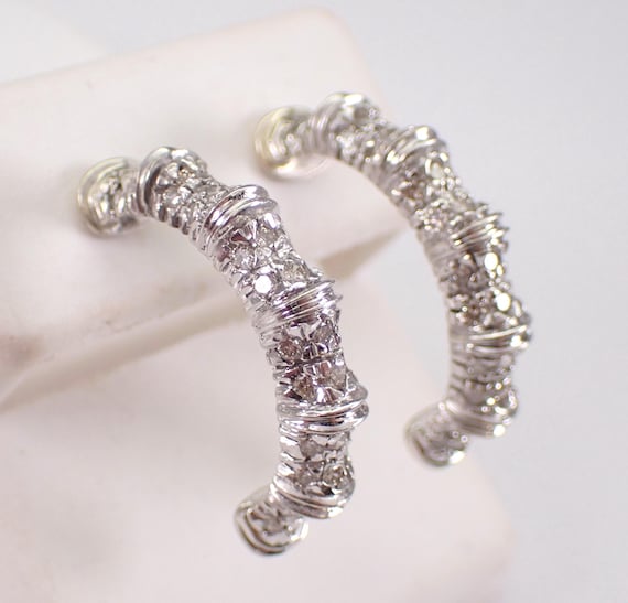 14K White Gold Diamond Half Hoop Earrings - Unique J Hoop Textured Huggies - GalaxyGems Fine Jewelry Gift
