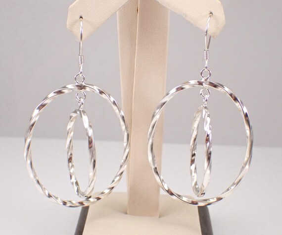 Vintage Sterling Silver Dangle Earrings - 80s Braided Twist Hoops - Dainty Unique Jewelry Gift