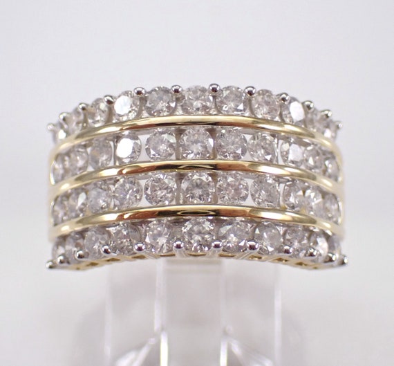 Yellow Gold 2ct Diamond Ring - Wide Wedding Anniversary Band - Stackable Multi Row Bridal Jewelry Gift