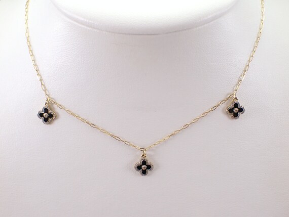 Solid Yellow Gold Diamond Station Necklace - Black Enamel Clover Charm Pendant - Unique Fine Jewelry Gift for Her