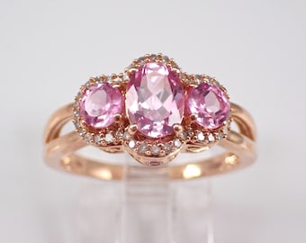 14K Rose Gold Pink Topaz Ring - Three Stone Diamond Halo Anniversary Band - Unique Bridal Wedding Gift